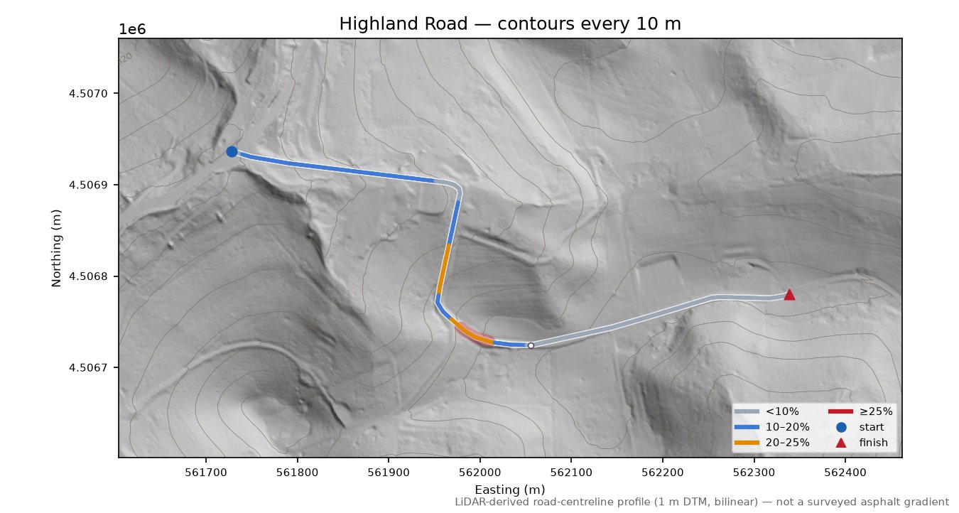 Highland Road LiDAR hillshade map with contours