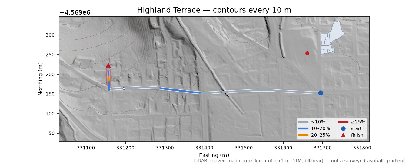 Highland Terrace LiDAR hillshade map with contours