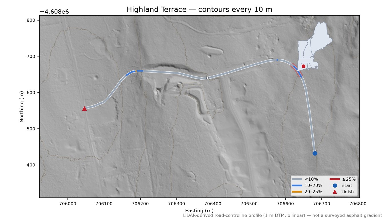 Highland Terrace LiDAR hillshade map with contours