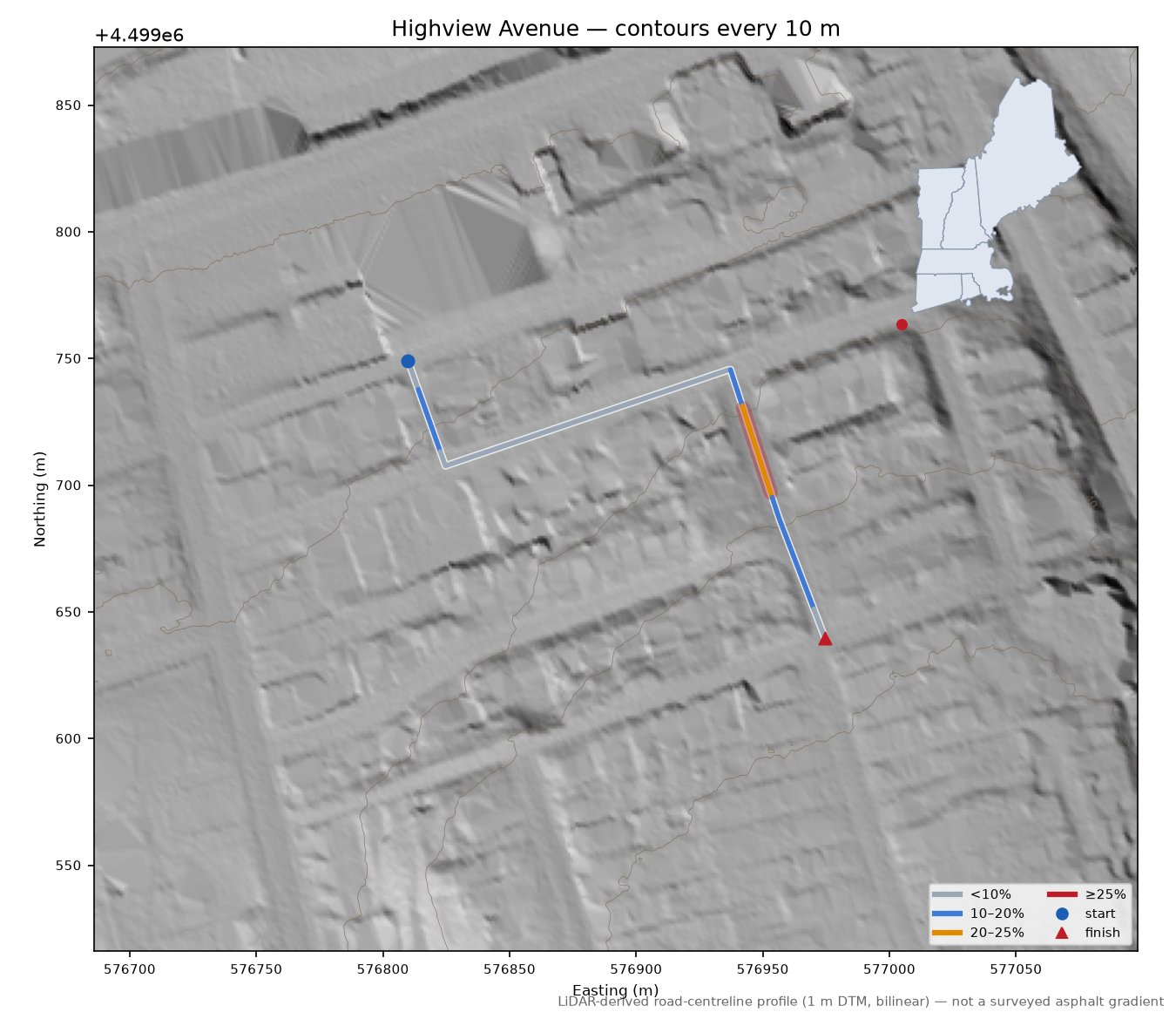 Highview Avenue LiDAR hillshade map with contours