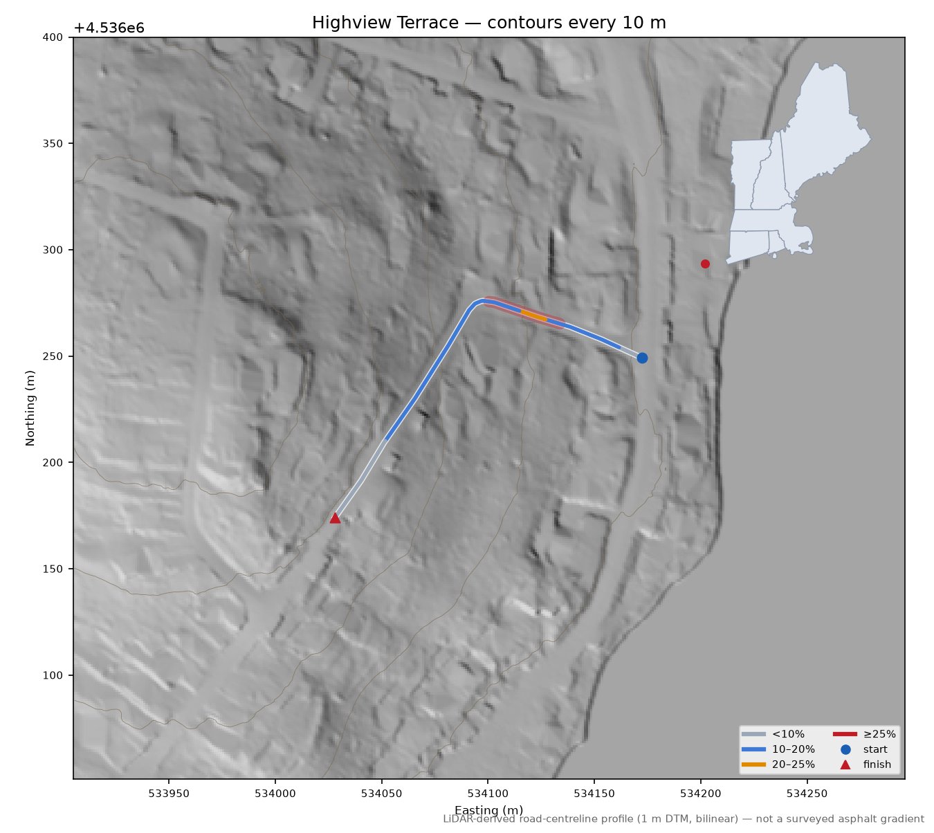 Highview Terrace LiDAR hillshade map with contours