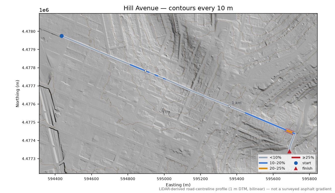 Hill Avenue LiDAR hillshade map with contours