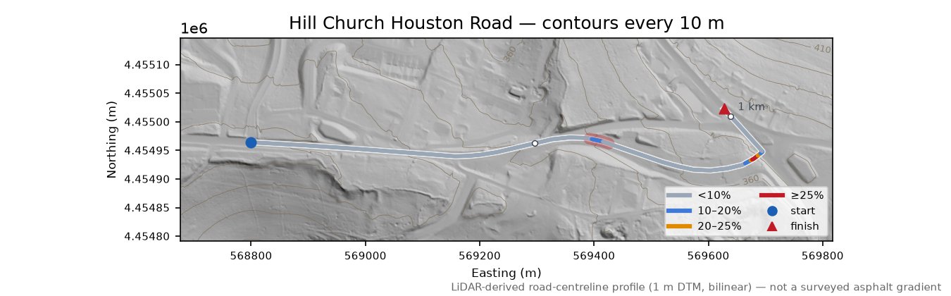Hill Church Houston Road LiDAR hillshade map with contours