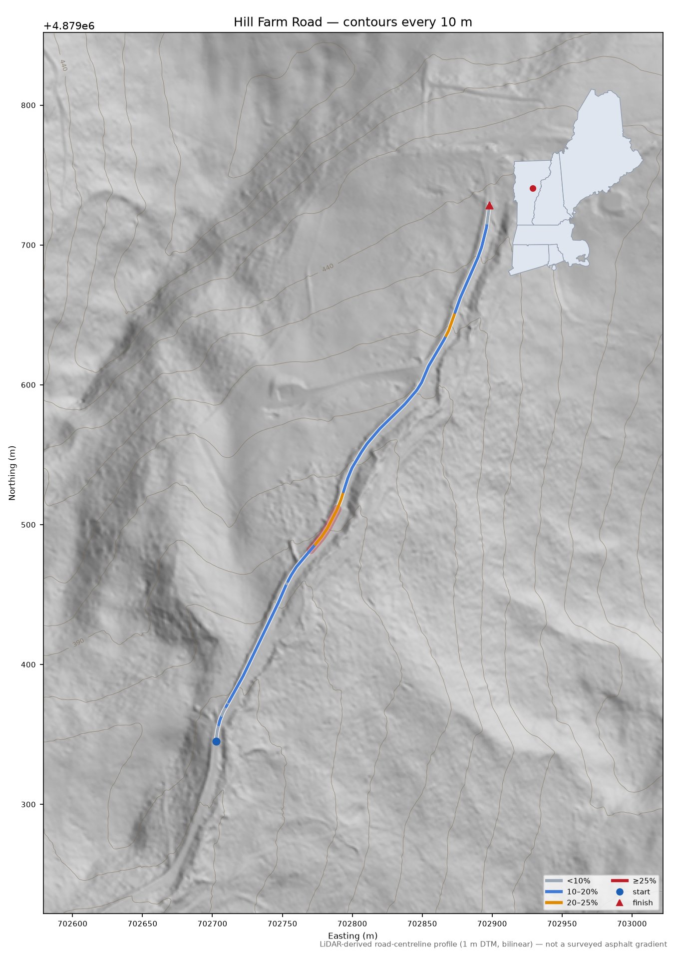 Hill Farm Road LiDAR hillshade map with contours