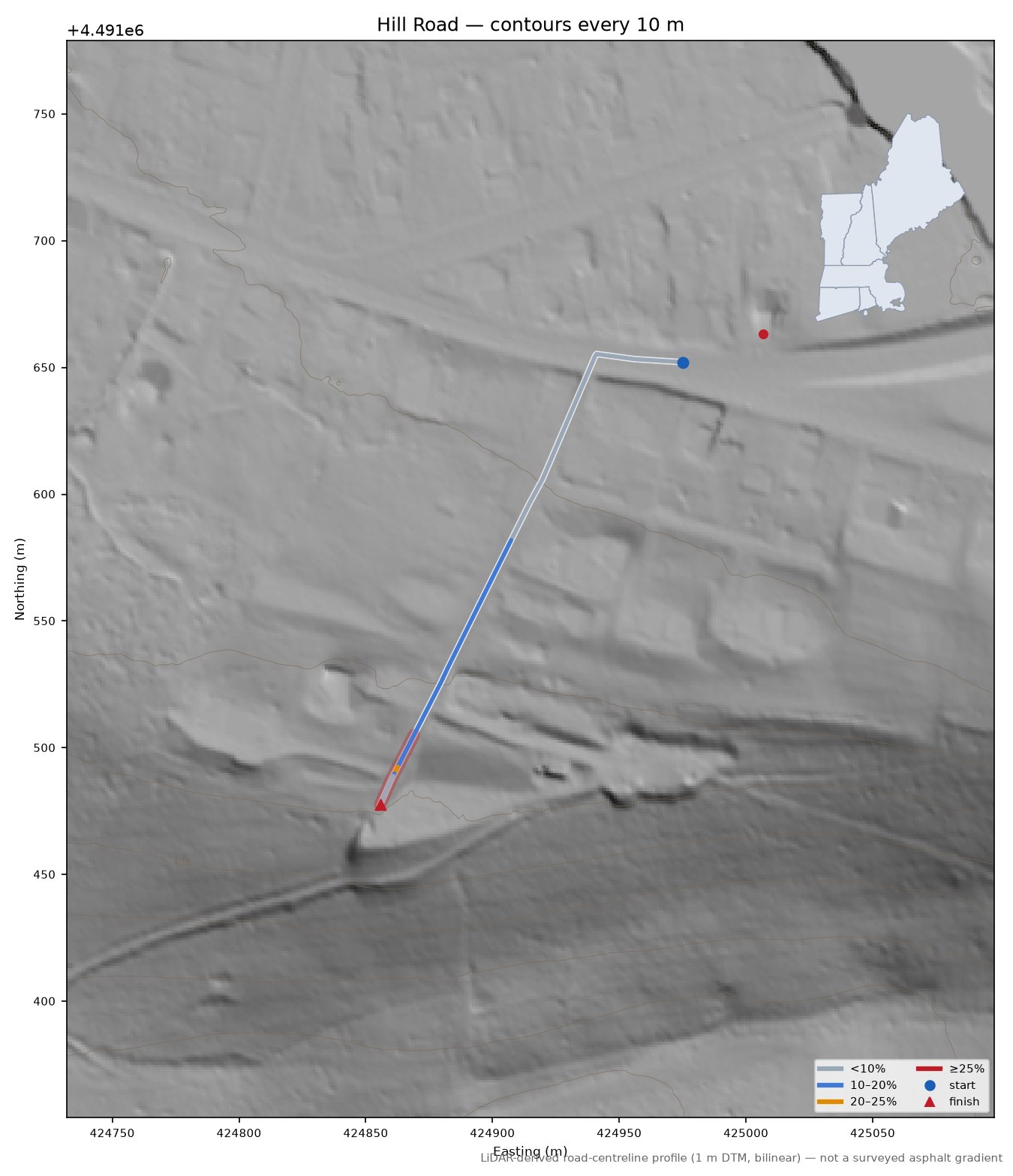 Hill Road LiDAR hillshade map with contours