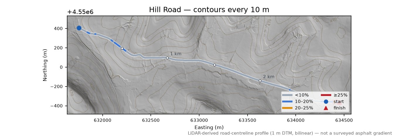 Hill Road LiDAR hillshade map with contours