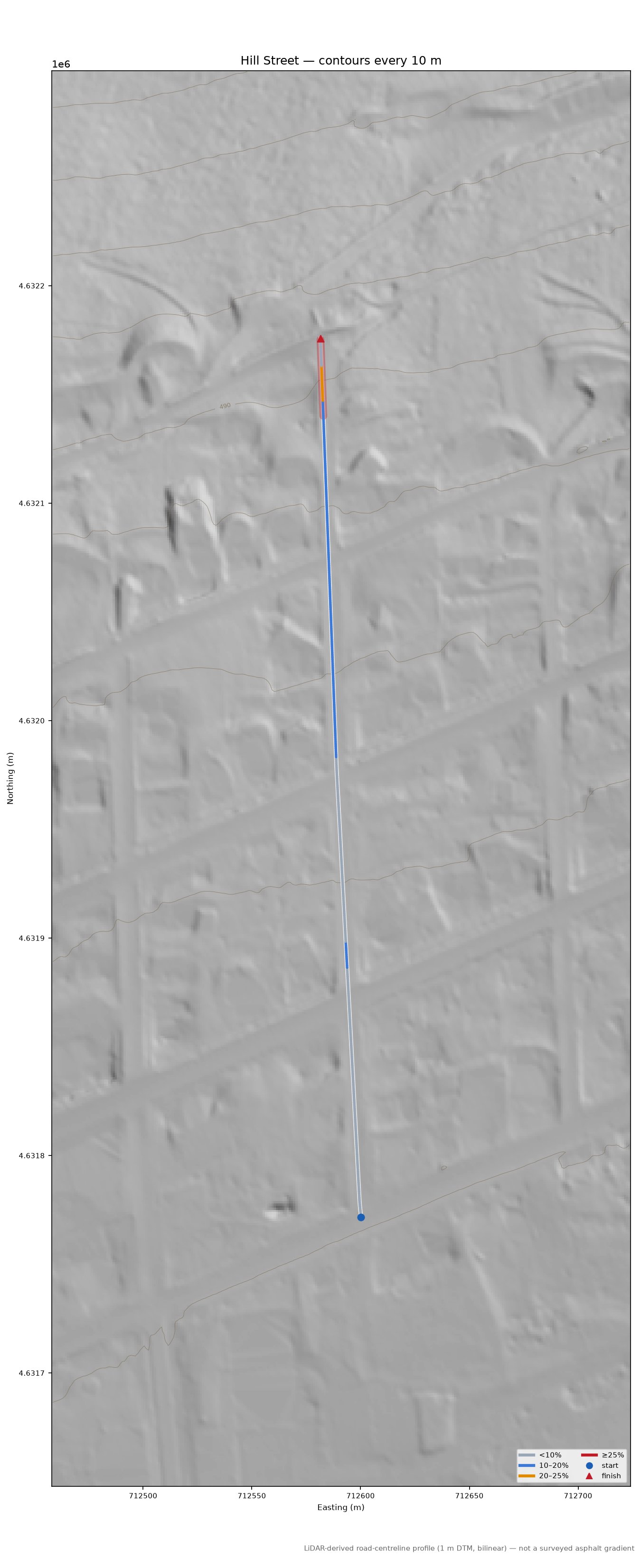 Hill Street LiDAR hillshade map with contours