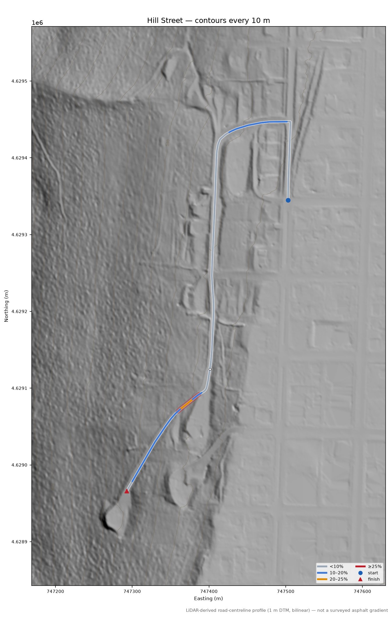 Hill Street LiDAR hillshade map with contours