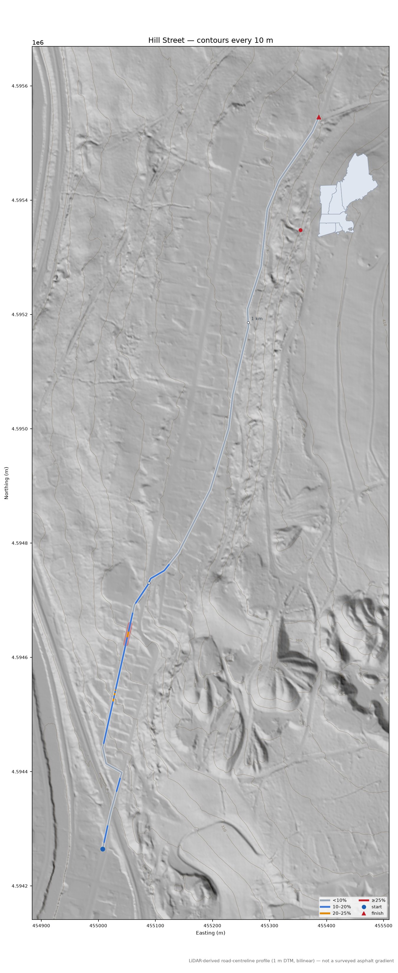 Hill Street LiDAR hillshade map with contours