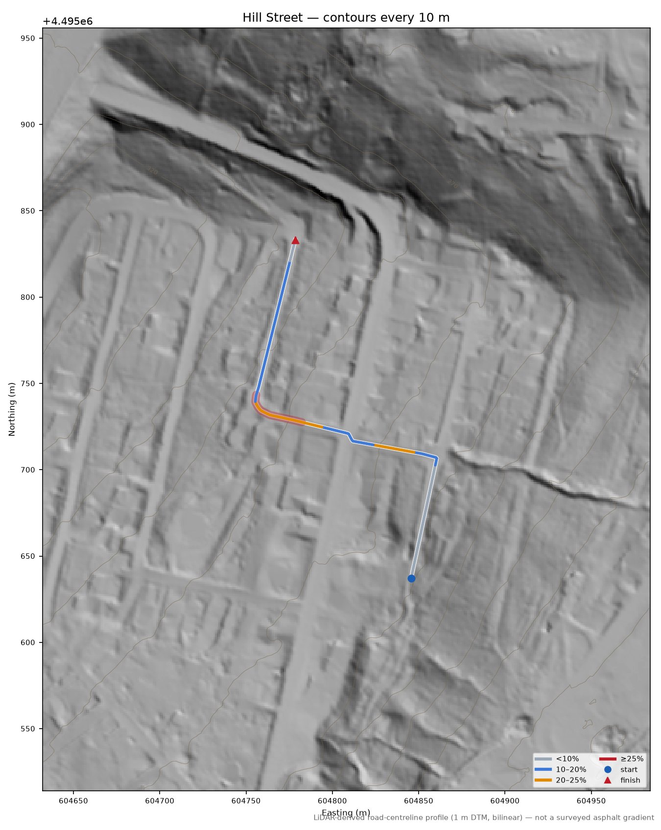 Hill Street LiDAR hillshade map with contours