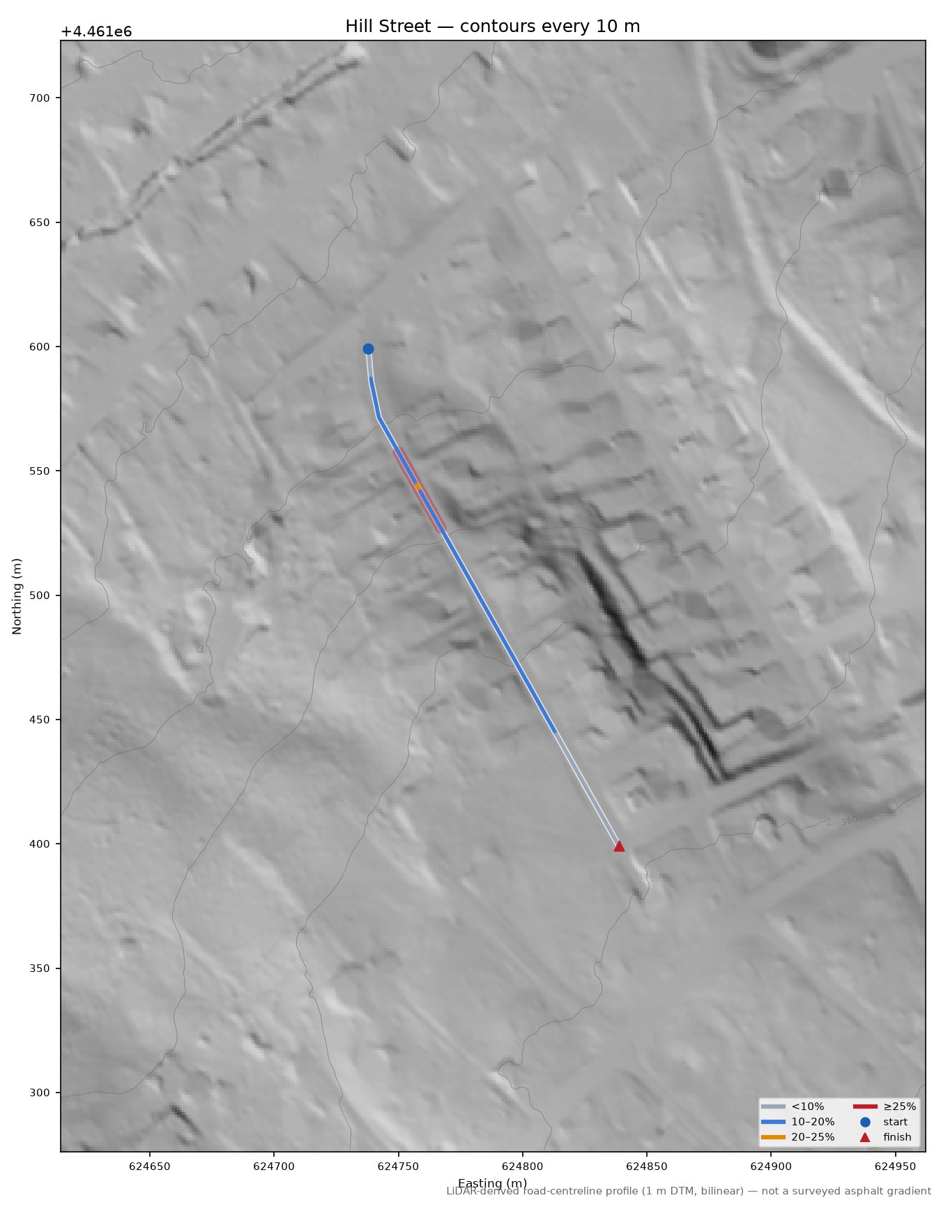Hill Street LiDAR hillshade map with contours