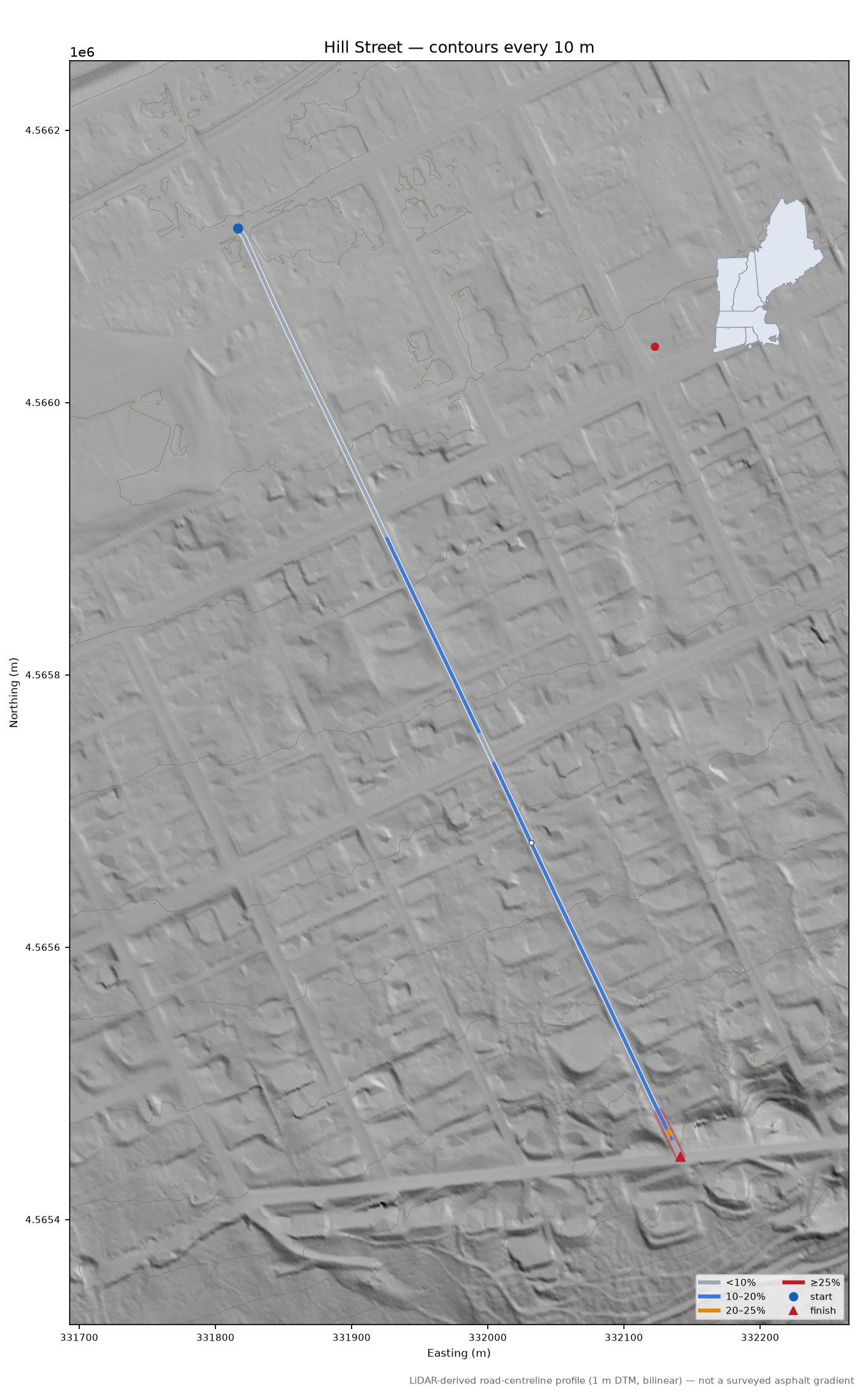 Hill Street LiDAR hillshade map with contours
