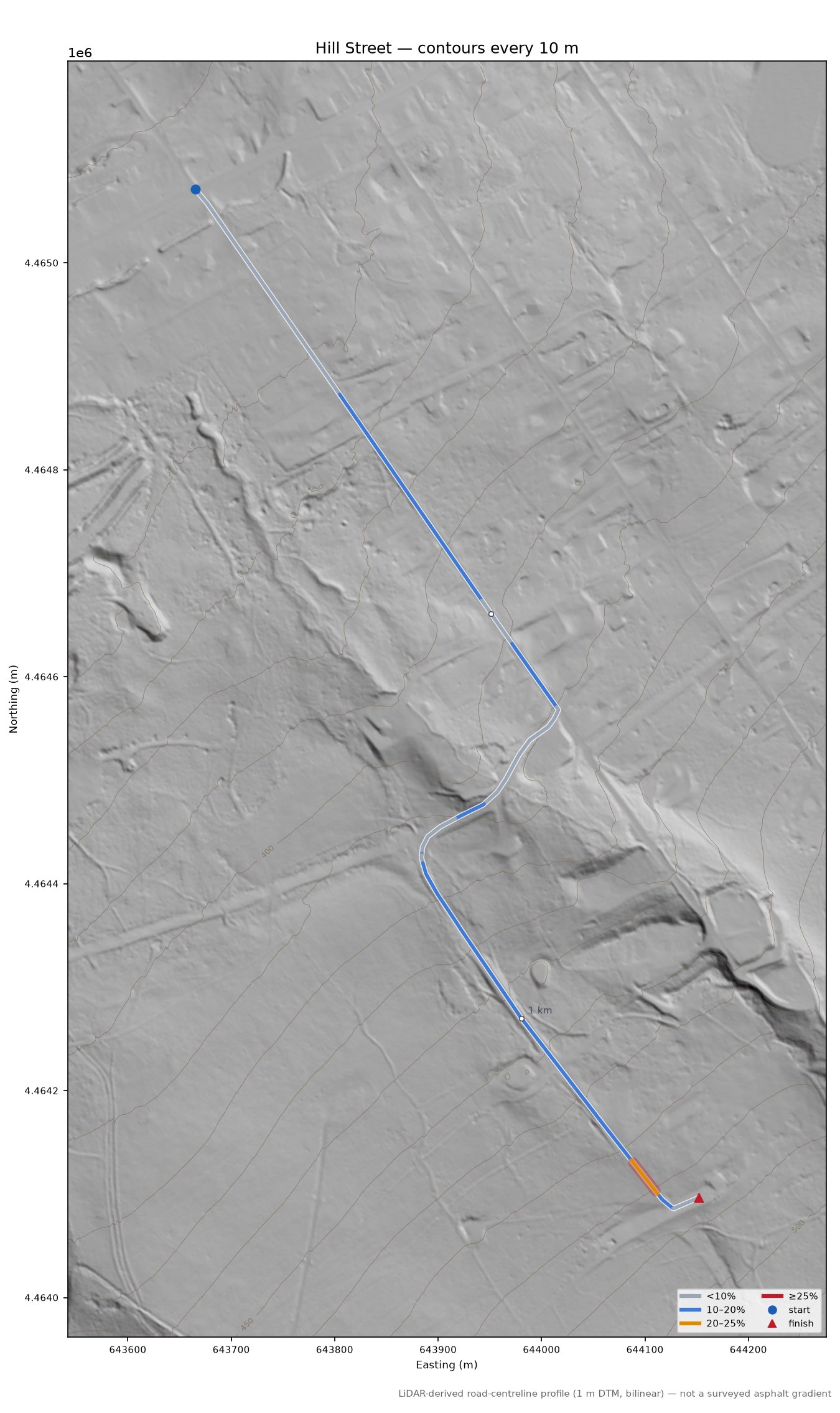 Hill Street LiDAR hillshade map with contours