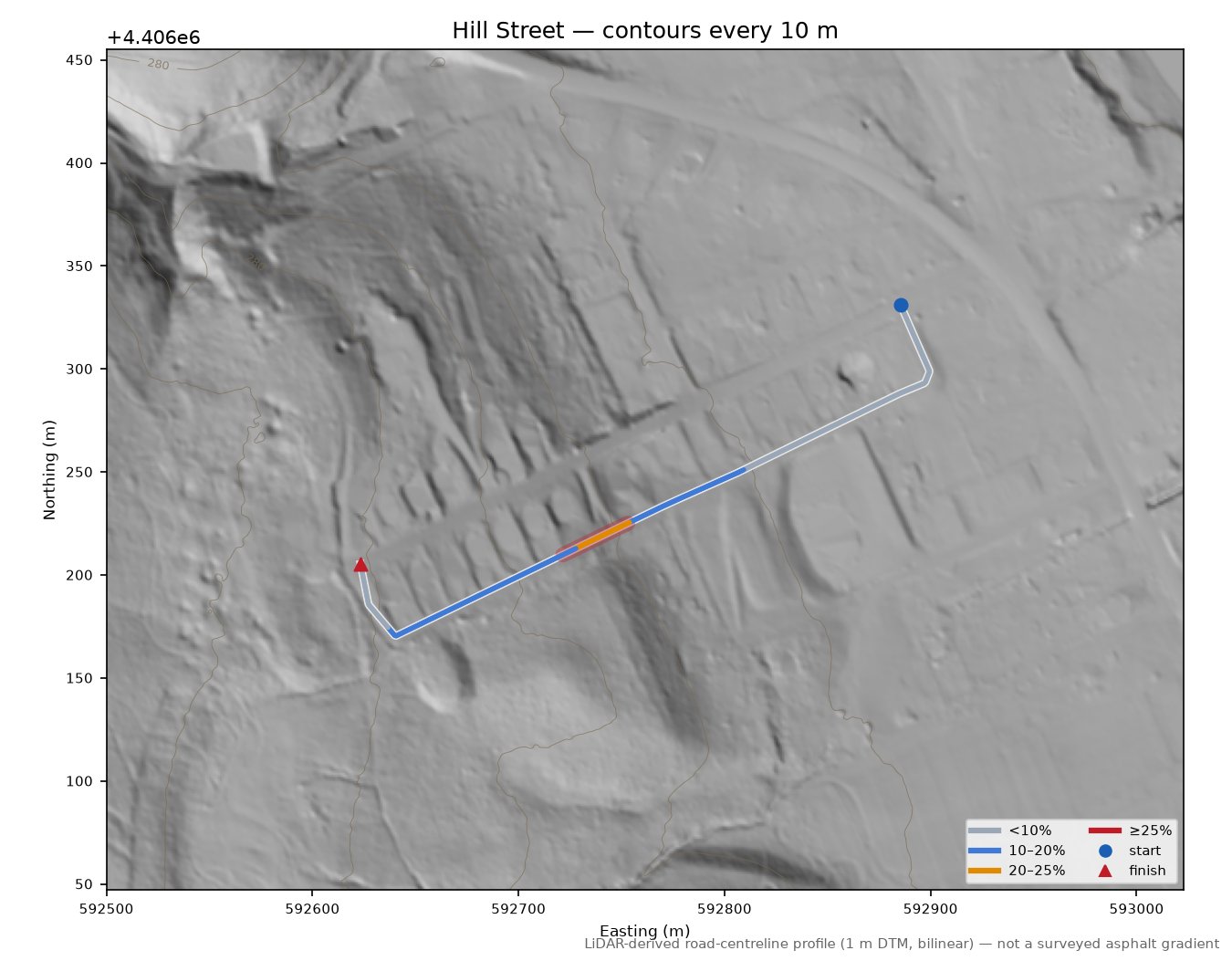 Hill Street LiDAR hillshade map with contours
