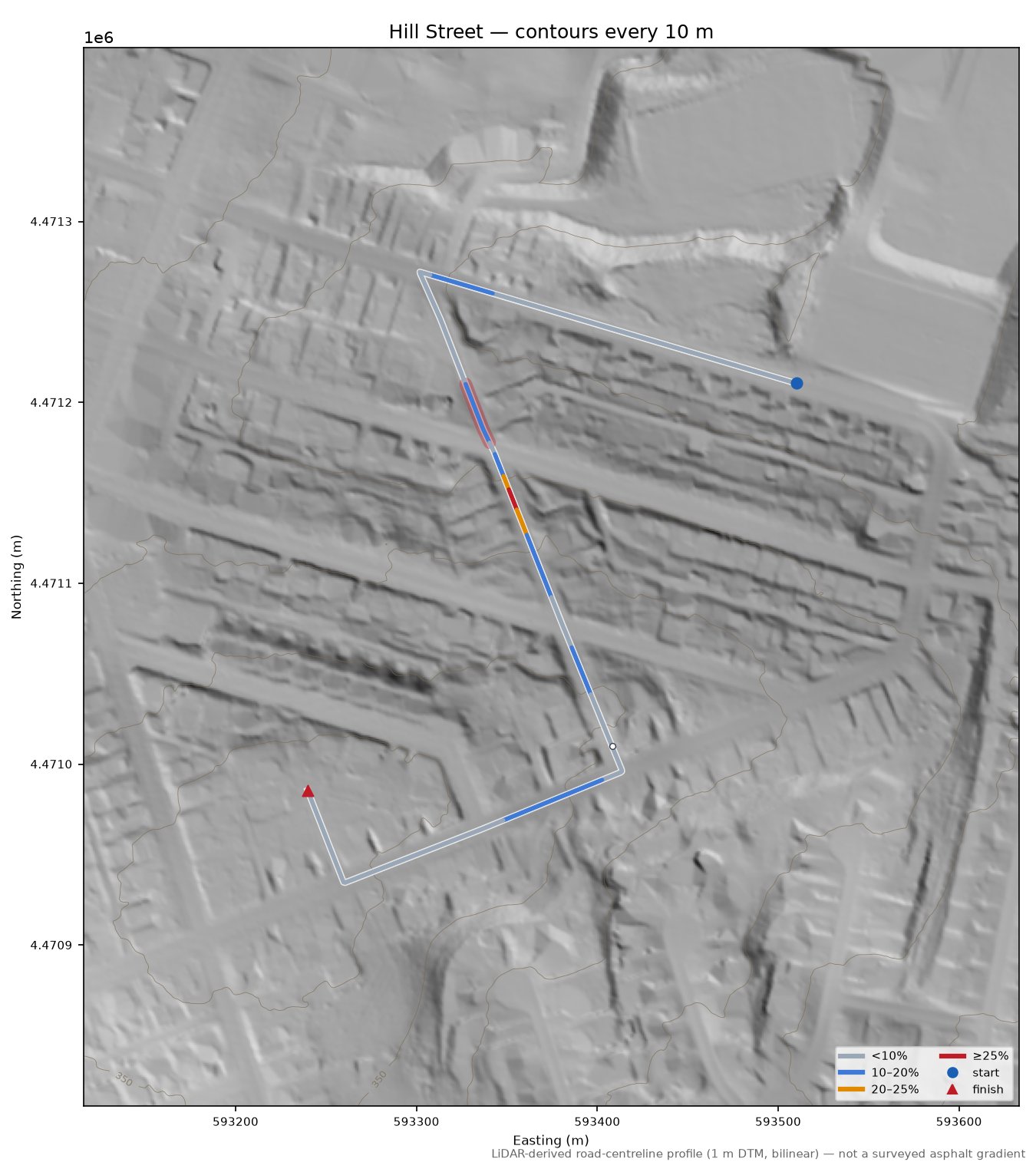 Hill Street LiDAR hillshade map with contours