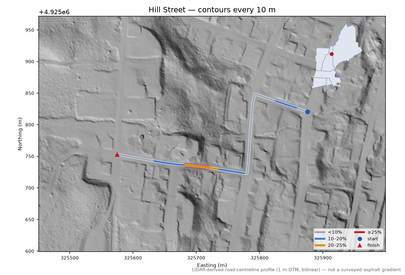Hill Street LiDAR hillshade map with contours