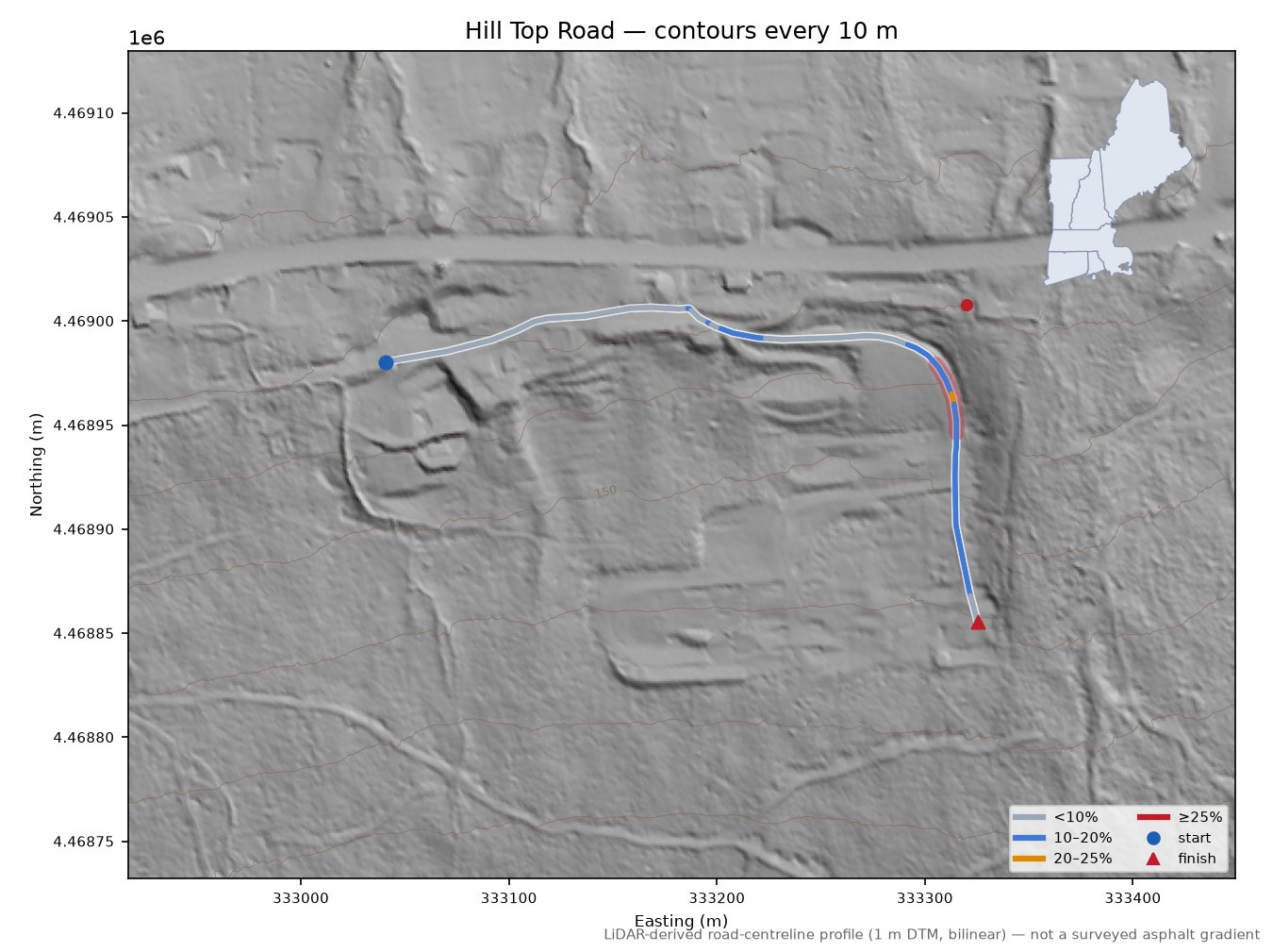 Hill Top Road LiDAR hillshade map with contours