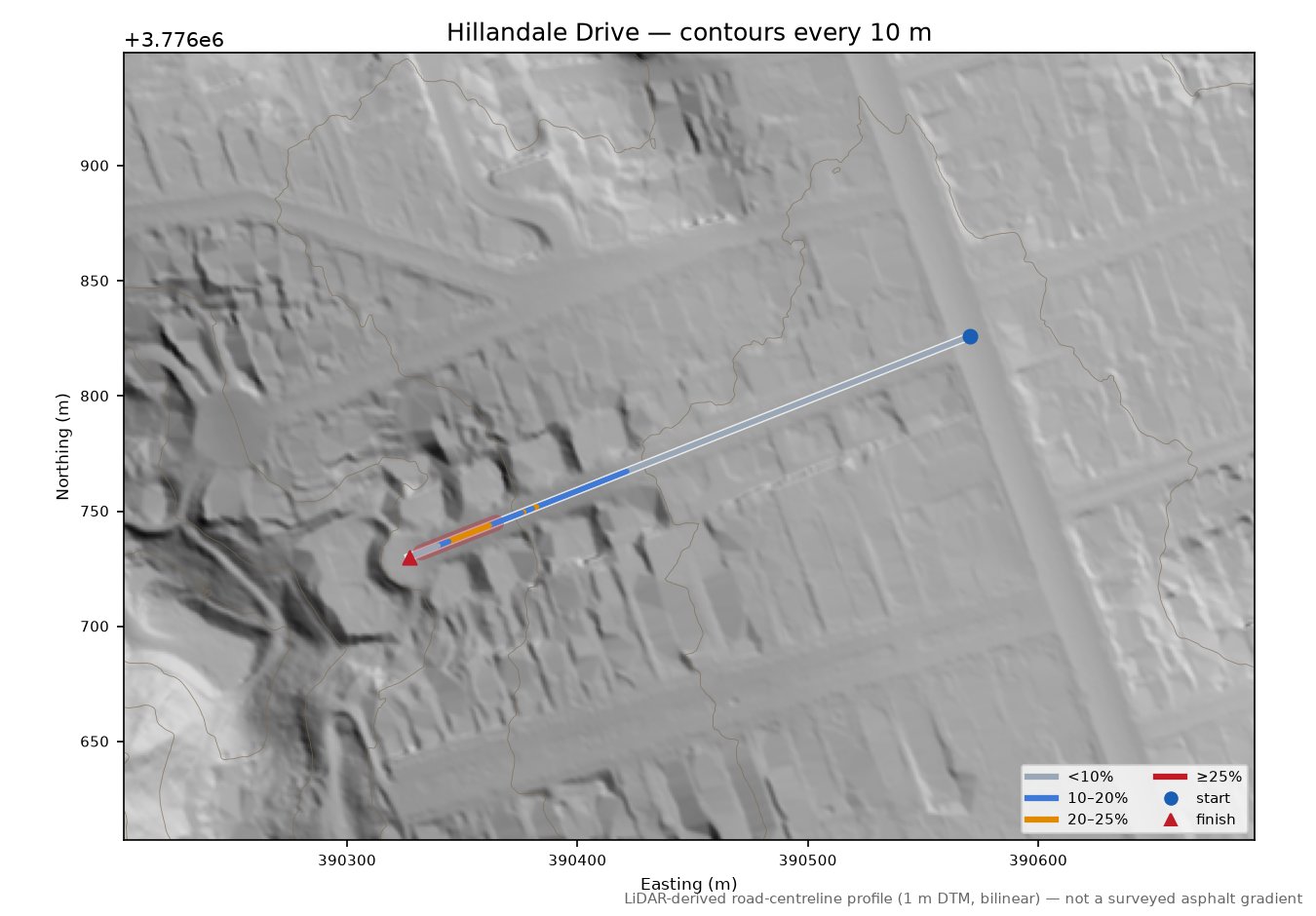 Hillandale Drive LiDAR hillshade map with contours