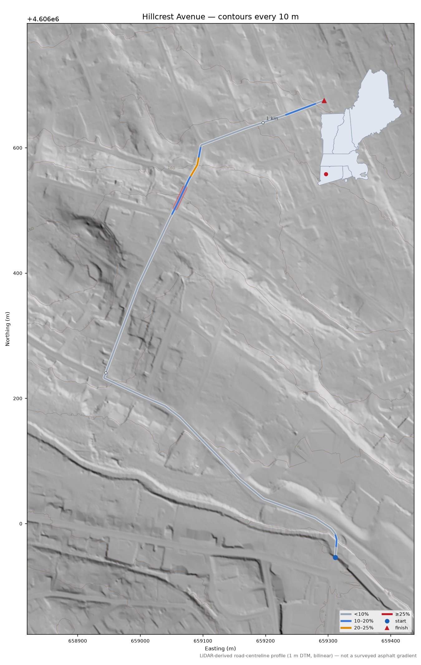 Hillcrest Avenue LiDAR hillshade map with contours