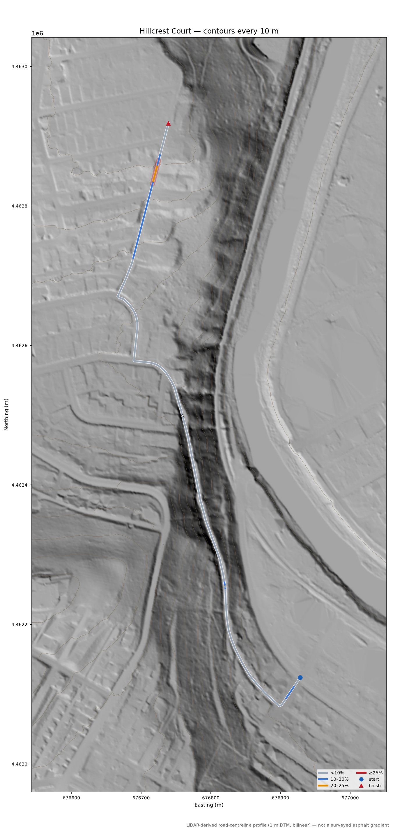 Hillcrest Court LiDAR hillshade map with contours