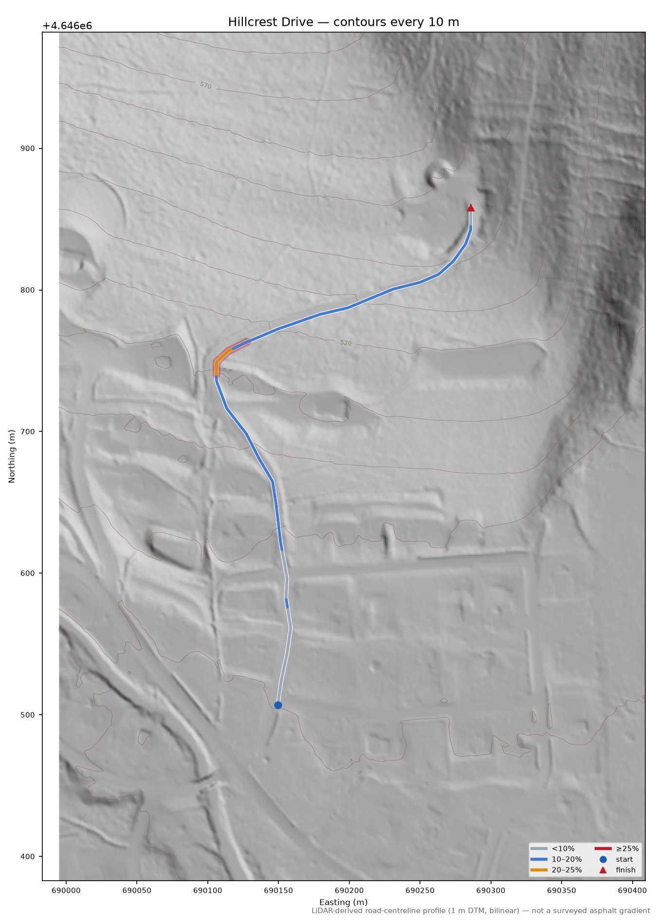 Hillcrest Drive LiDAR hillshade map with contours