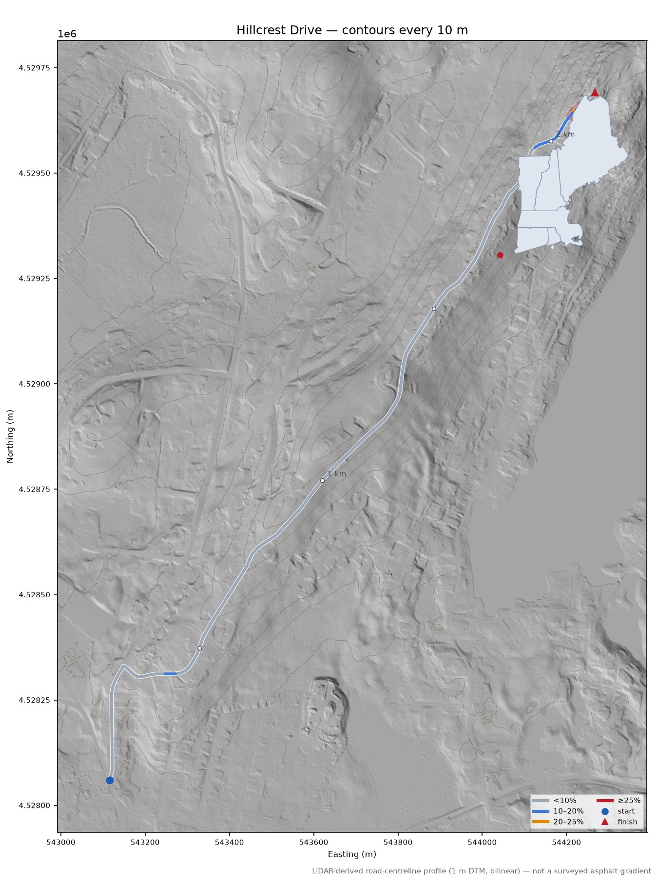 Hillcrest Drive LiDAR hillshade map with contours