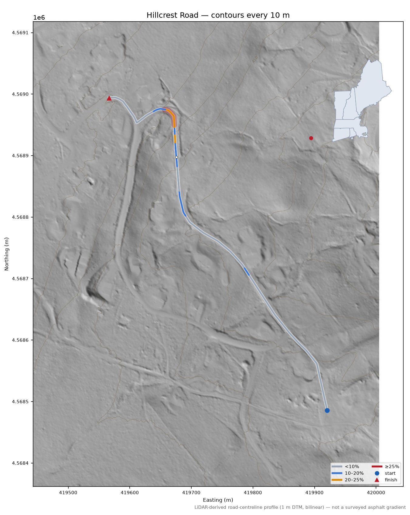 Hillcrest Road LiDAR hillshade map with contours