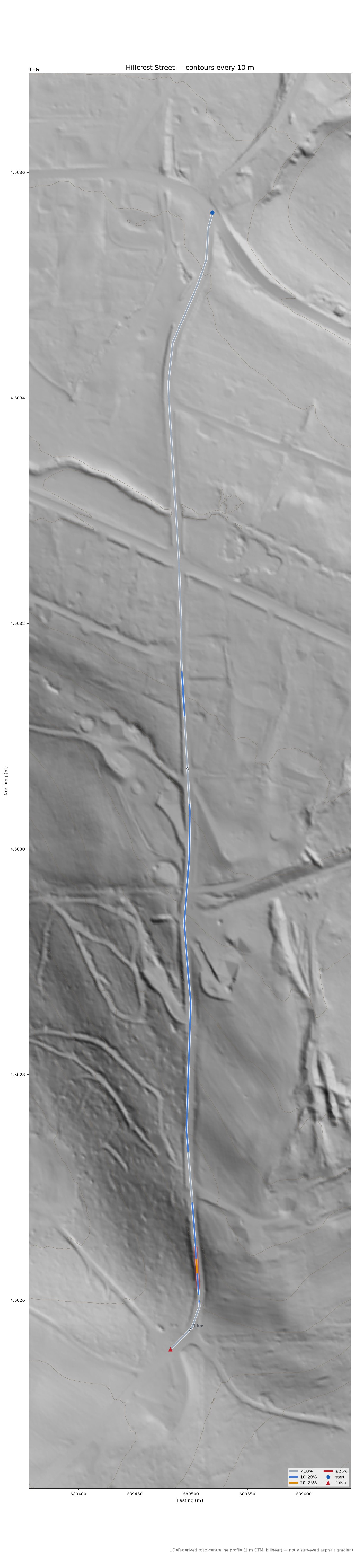 Hillcrest Street LiDAR hillshade map with contours