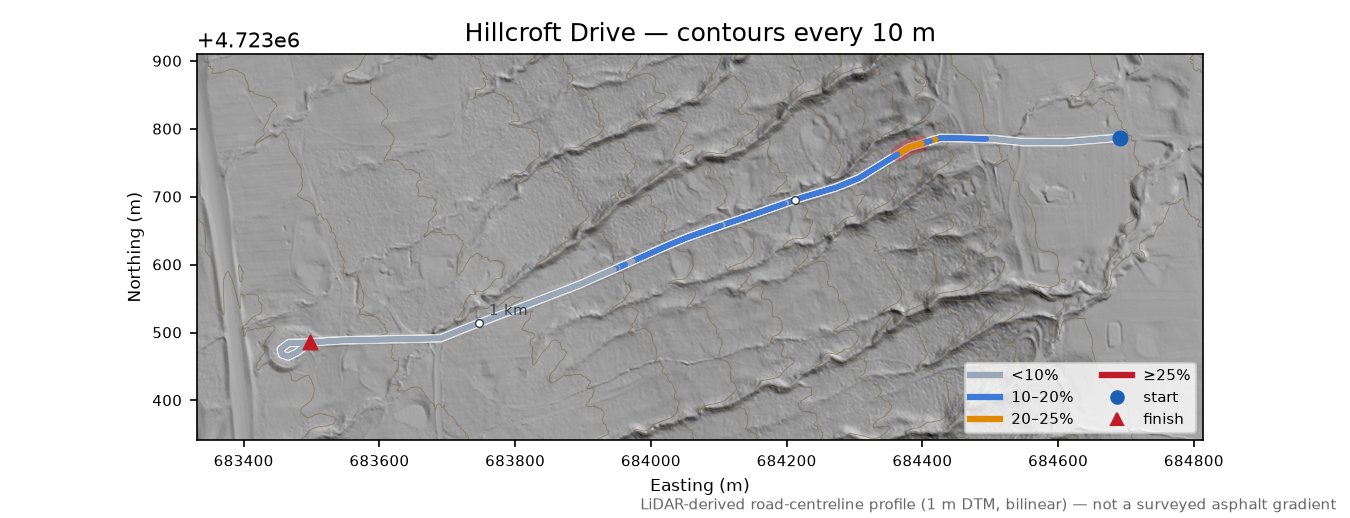 Hillcroft Drive LiDAR hillshade map with contours