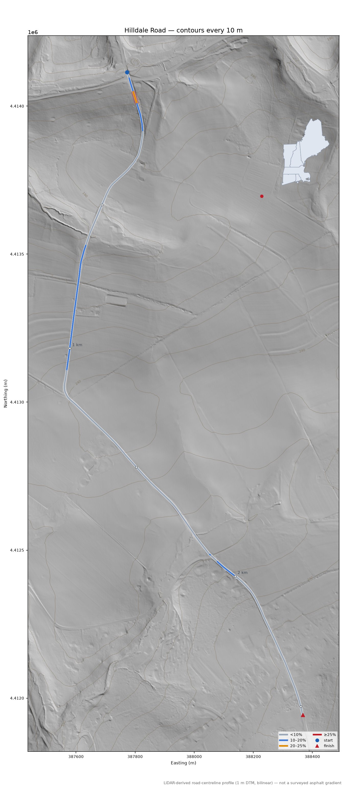 Hilldale Road LiDAR hillshade map with contours
