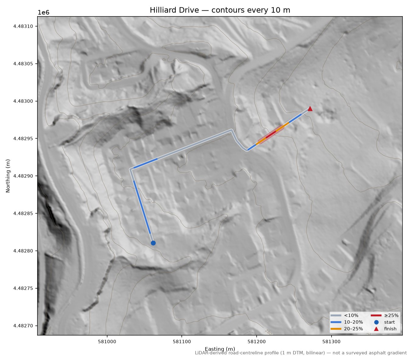Hilliard Drive LiDAR hillshade map with contours