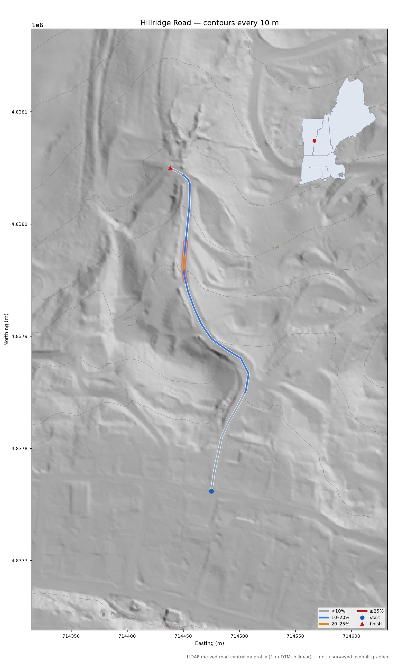 Hillridge Road LiDAR hillshade map with contours