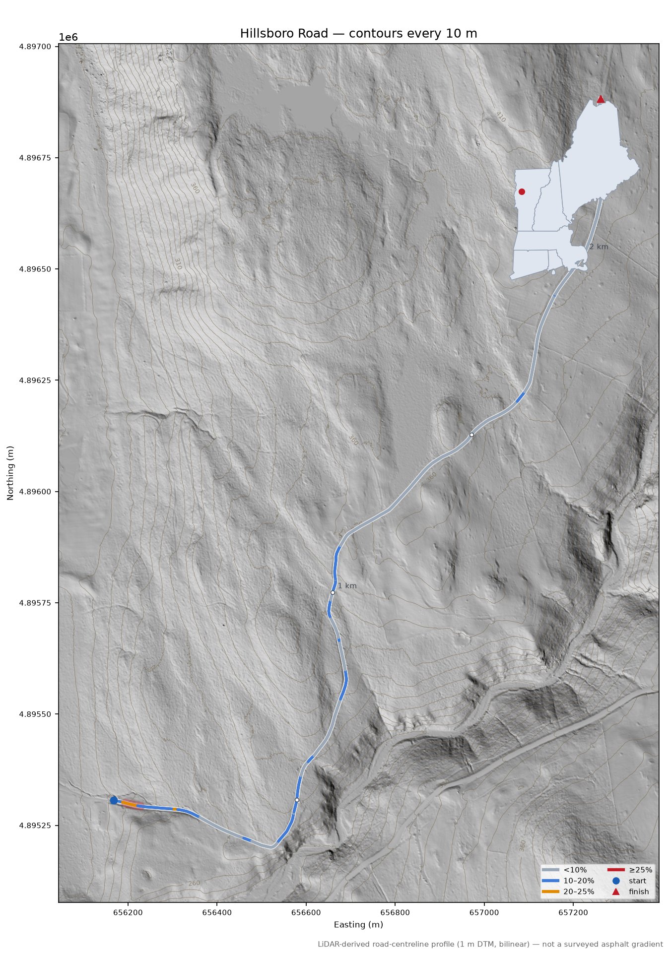 Hillsboro Road LiDAR hillshade map with contours