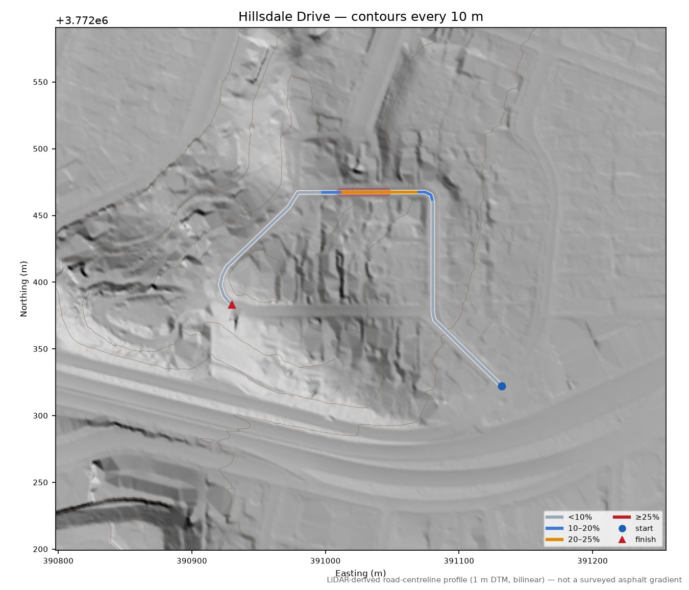 Hillsdale Drive LiDAR hillshade map with contours