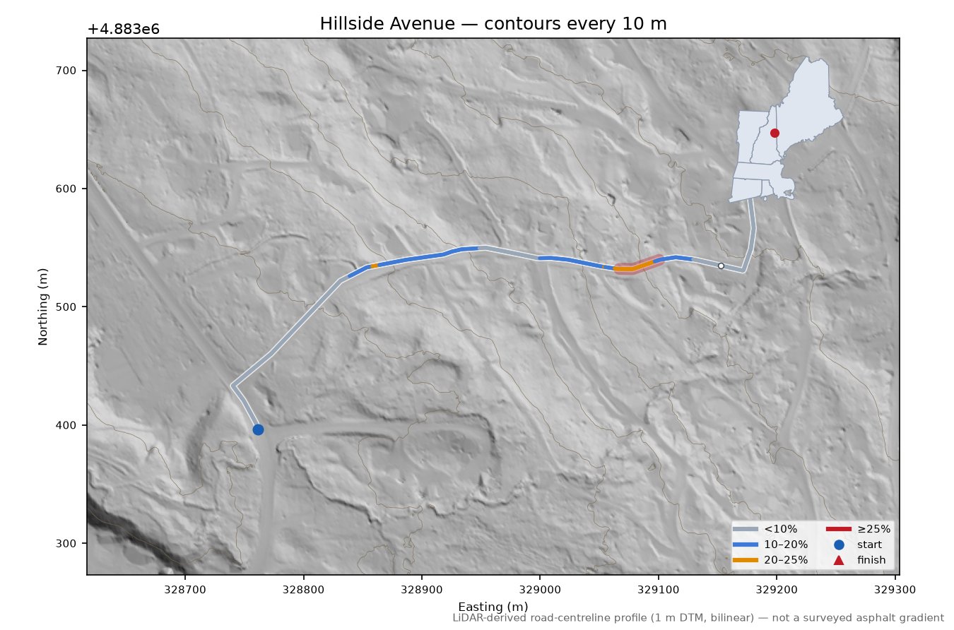 Hillside Avenue LiDAR hillshade map with contours