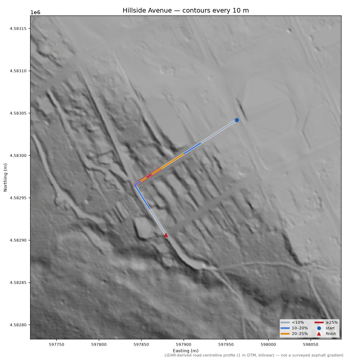 Hillside Avenue LiDAR hillshade map with contours