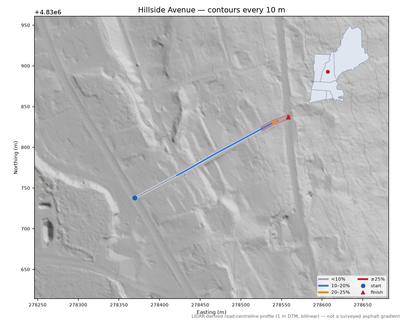 Hillside Avenue LiDAR hillshade map with contours