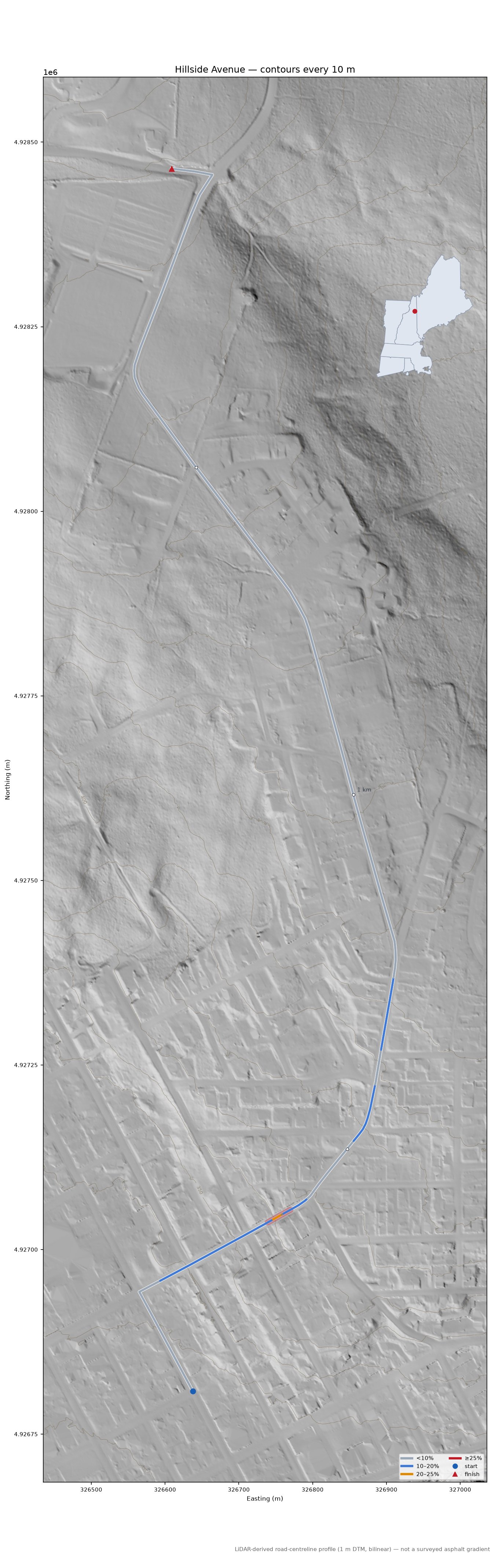 Hillside Avenue LiDAR hillshade map with contours