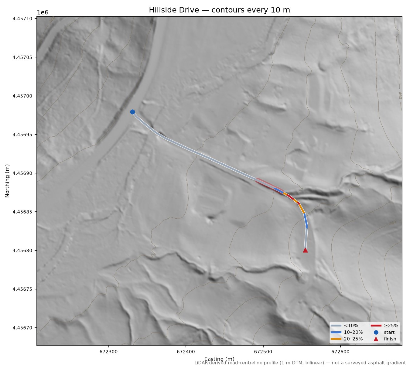 Hillside Drive LiDAR hillshade map with contours