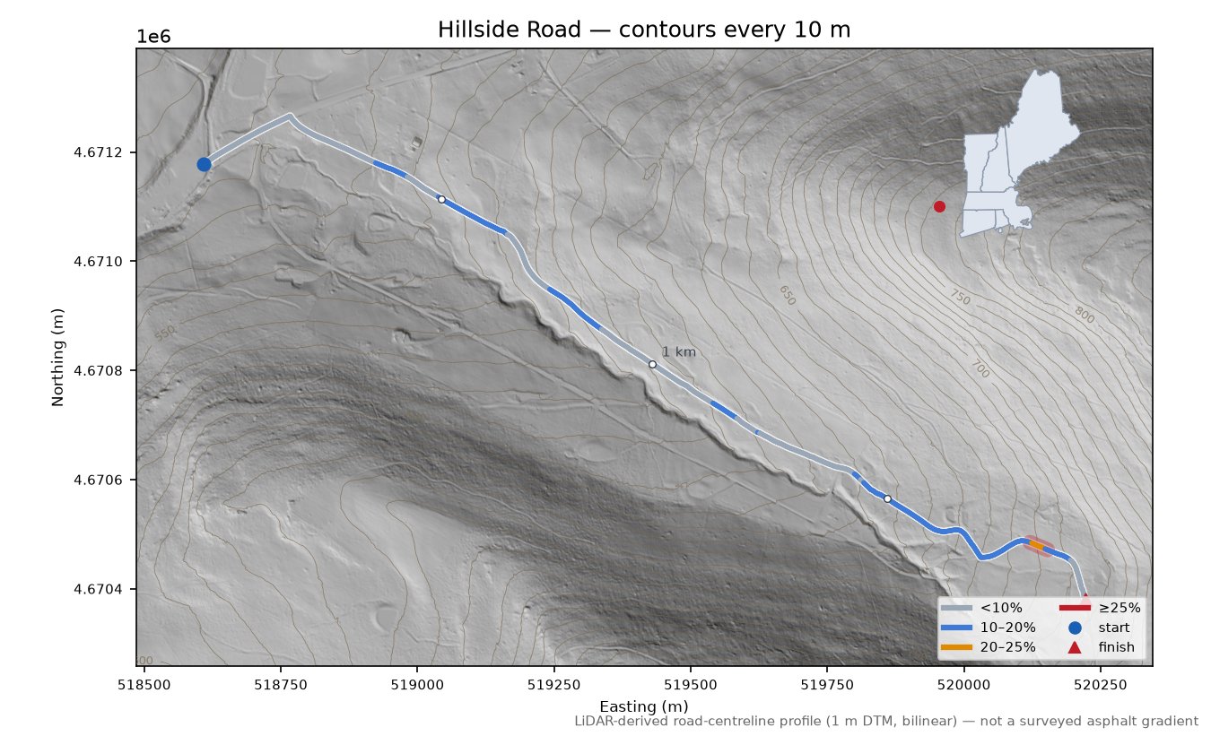 Hillside Road LiDAR hillshade map with contours