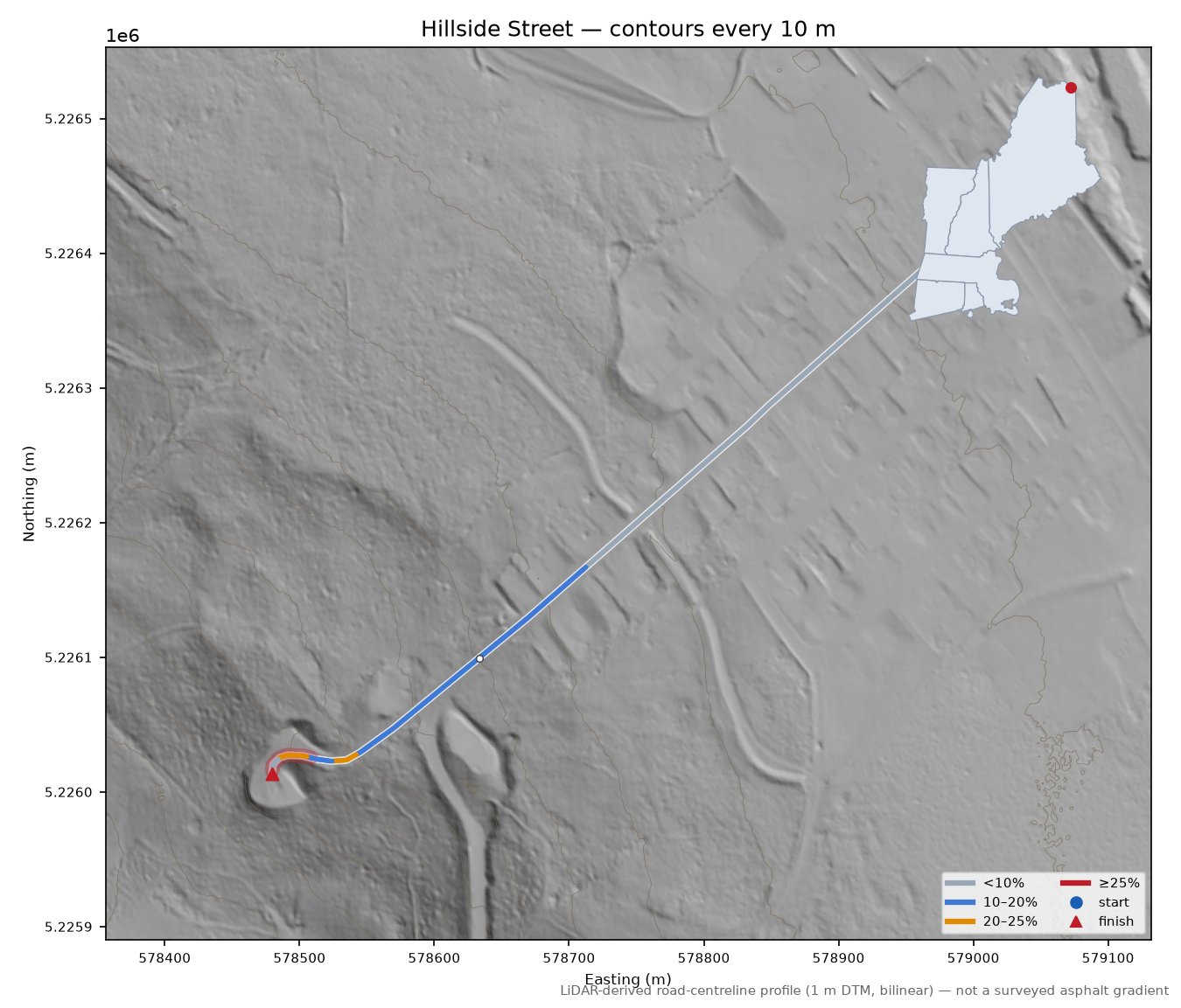 Hillside Street LiDAR hillshade map with contours