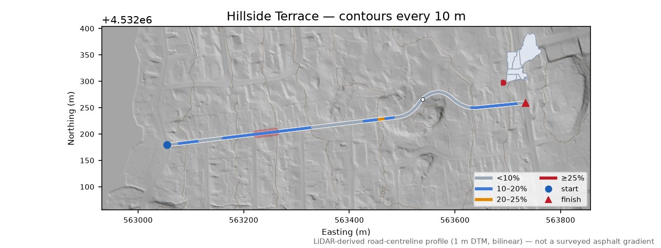 Hillside Terrace LiDAR hillshade map with contours