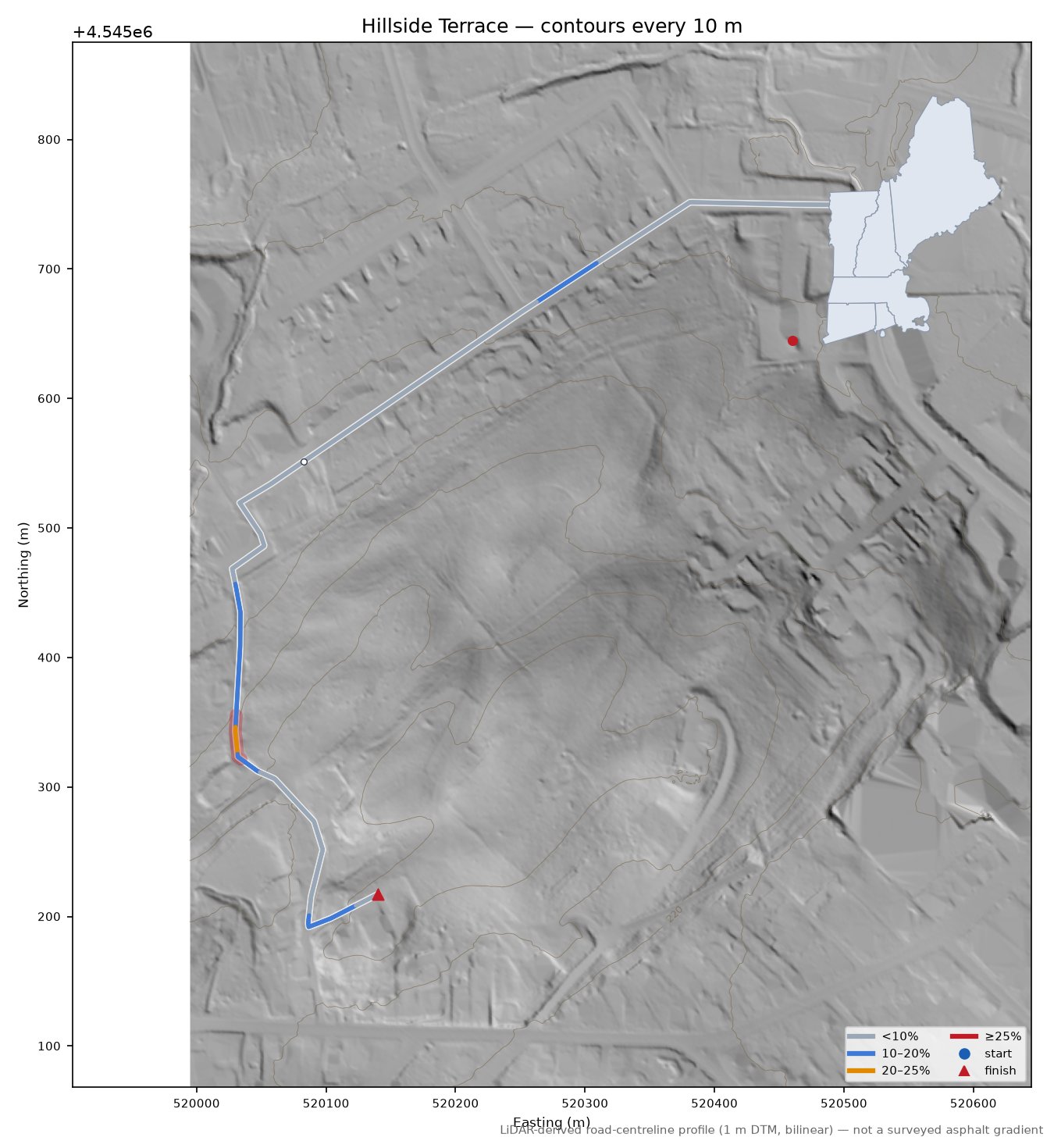 Hillside Terrace LiDAR hillshade map with contours
