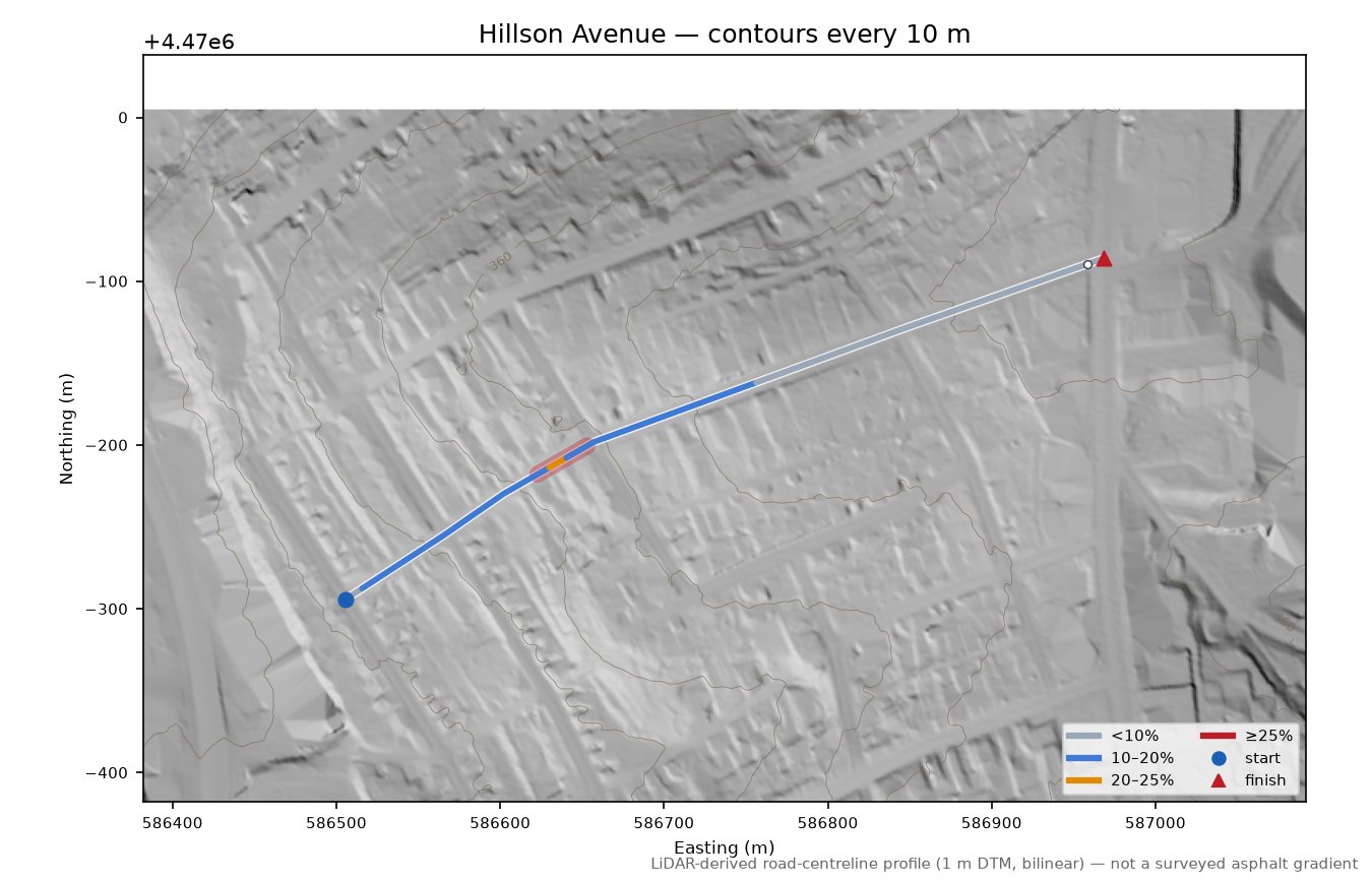 Hillson Avenue LiDAR hillshade map with contours