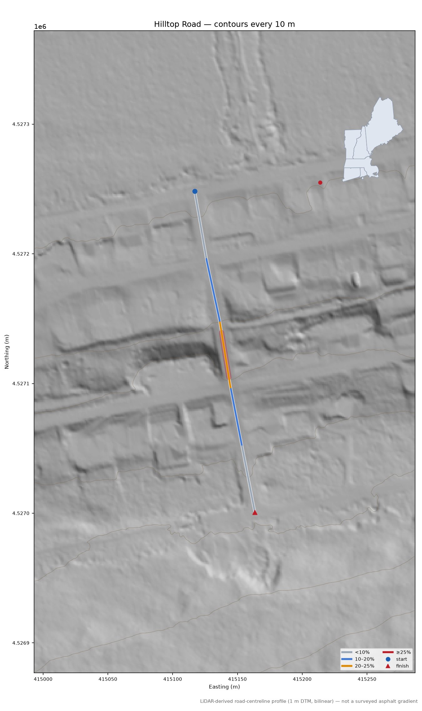 Hilltop Road LiDAR hillshade map with contours