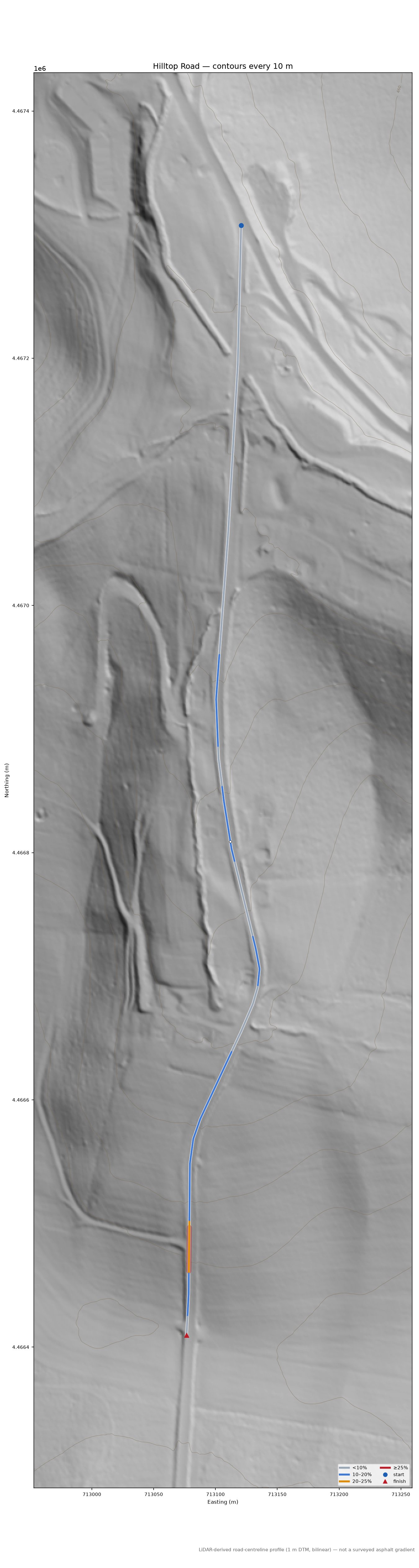 Hilltop Road LiDAR hillshade map with contours
