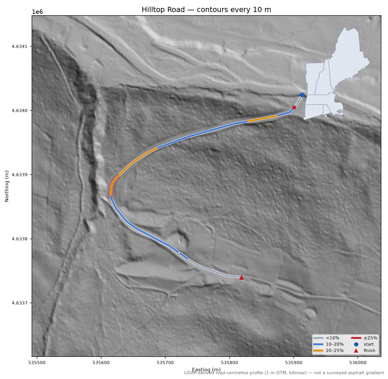 Hilltop Road LiDAR hillshade map with contours