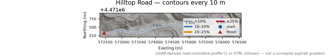 Hilltop Road LiDAR hillshade map with contours