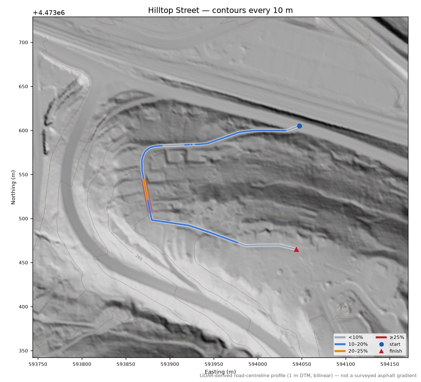 Hilltop Street LiDAR hillshade map with contours