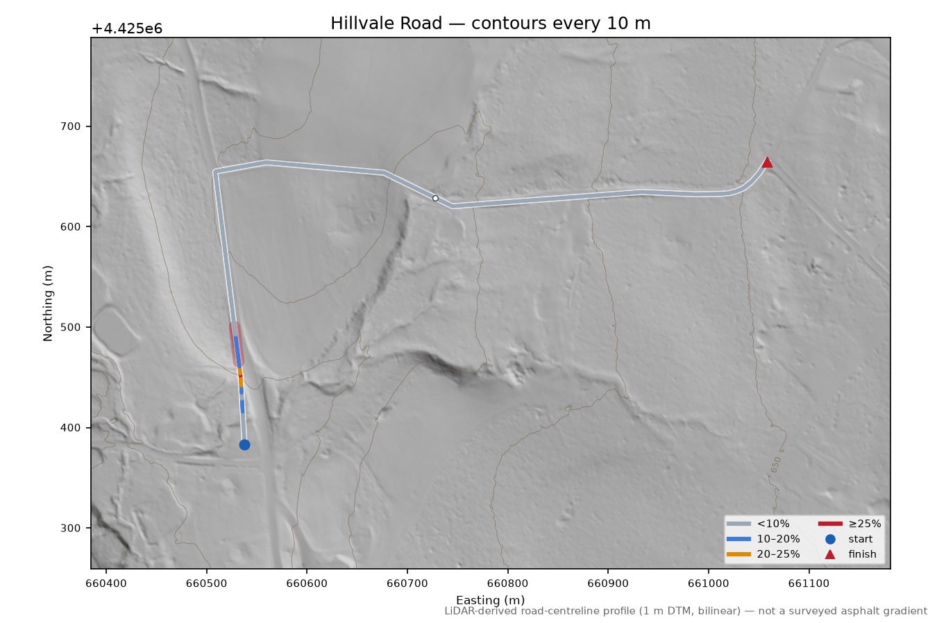 Hillvale Road LiDAR hillshade map with contours